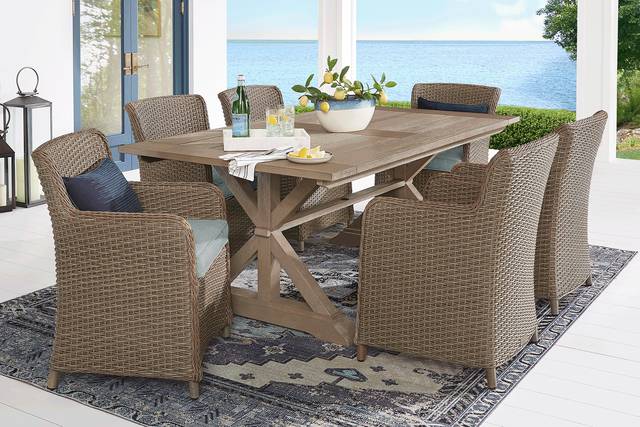 Ridgecrest Brown 5 Pc Outdoor Dining Set with Seafoam Cushions - Thumbnail - Image 1