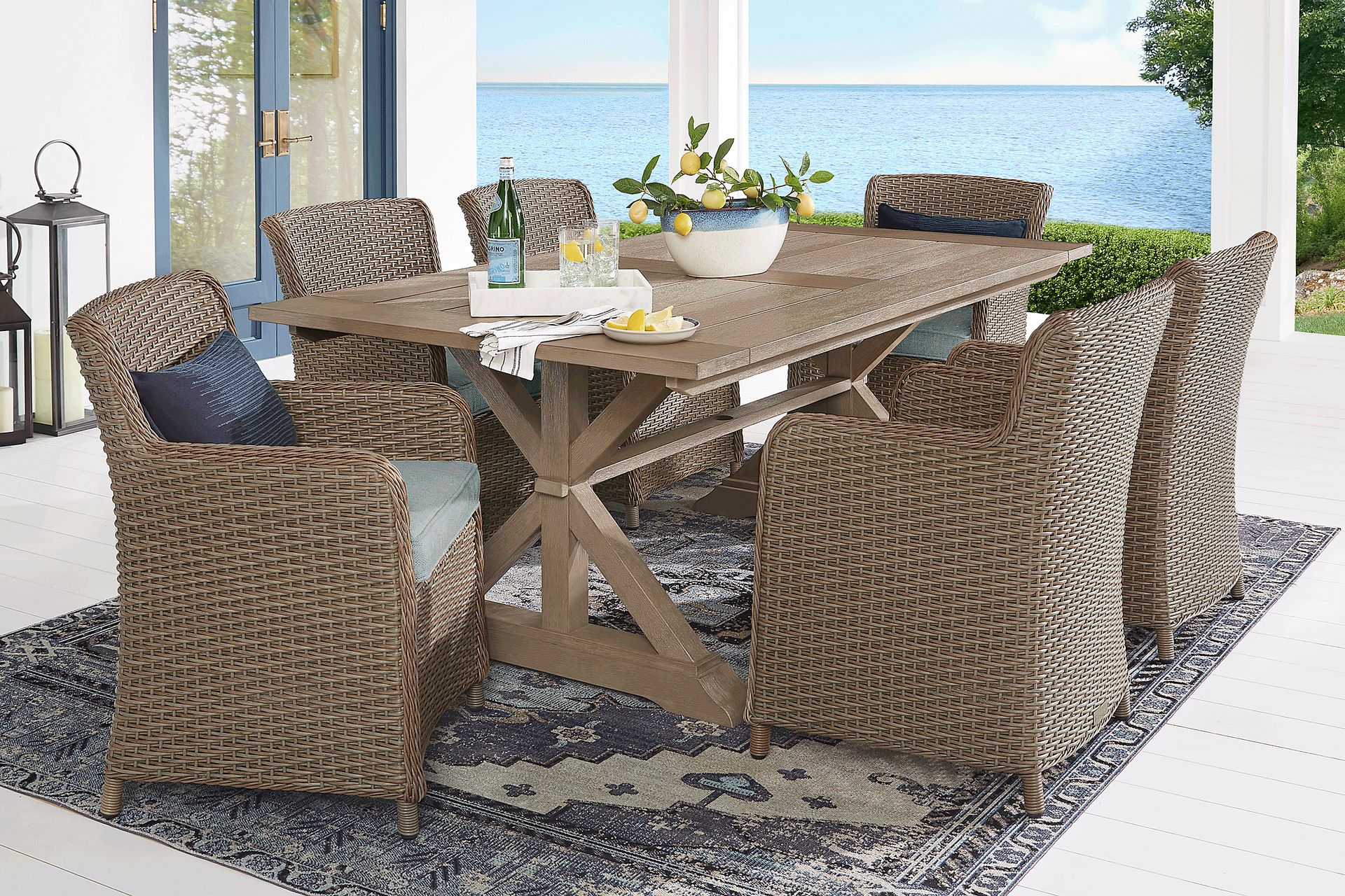 Ridgecrest Brown 5 Pc Outdoor Dining Set with Seafoam Cushions - Image 1