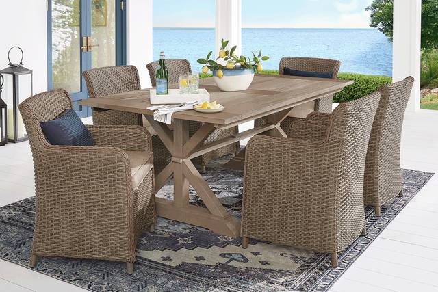 Ridgecrest Brown 7 Pc Outdoor Dining Set with Pebble Cushions - Thumbnail - Image 1