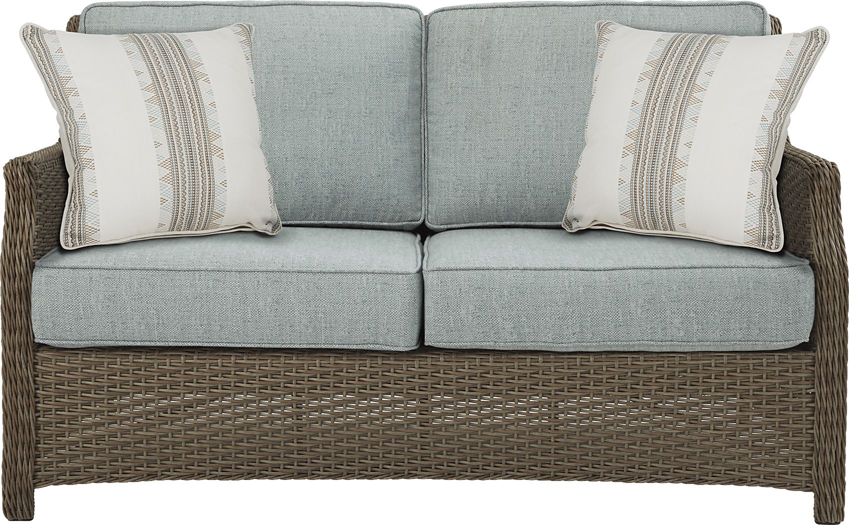 Ridgecrest Gray Outdoor Loveseat with Seafoam Cushion Rooms To Go