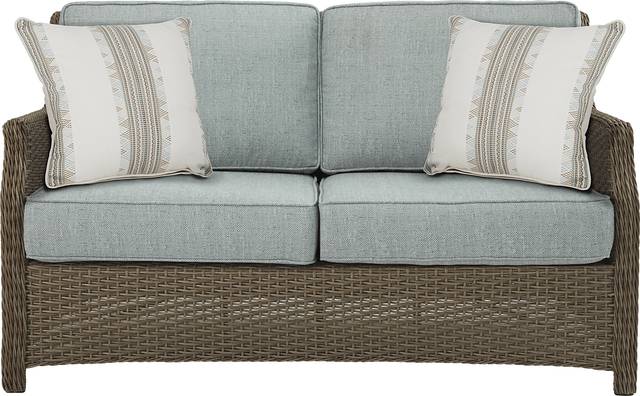 Ridgecrest Gray 4 pc Outdoor Loveseat Seating Set With Seafoam Cushions - Thumbnail - Image 2