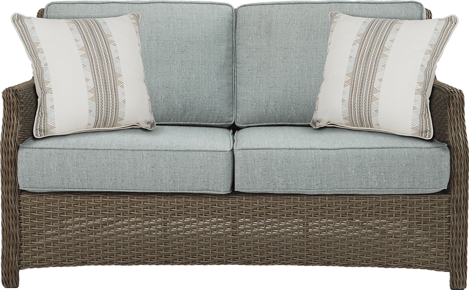 Ridgecrest Brown Outdoor Loveseat with Seafoam Cushion - Image 1