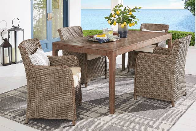 Ridgecrest Natural 5 Pc Rectangle Outdoor Dining Set With Parchment Cushions - Thumbnail - Image 1