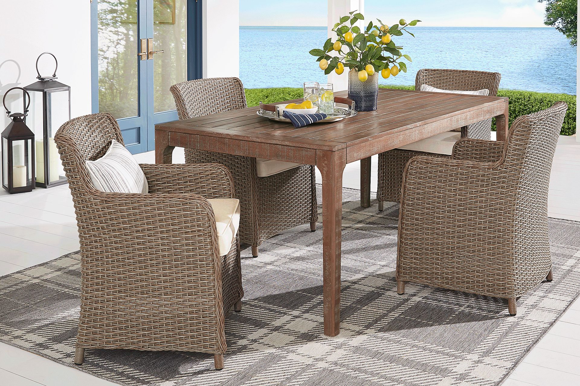 Ridgecrest Natural 5 Pc Rectangle Outdoor Dining Set With Parchment Cushions - Image 1