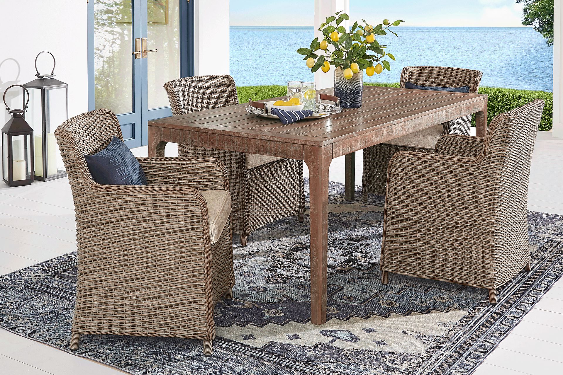 Ridgecrest Natural 5 Pc Rectangle Outdoor Dining Set With Pebble Cushions - Image 1