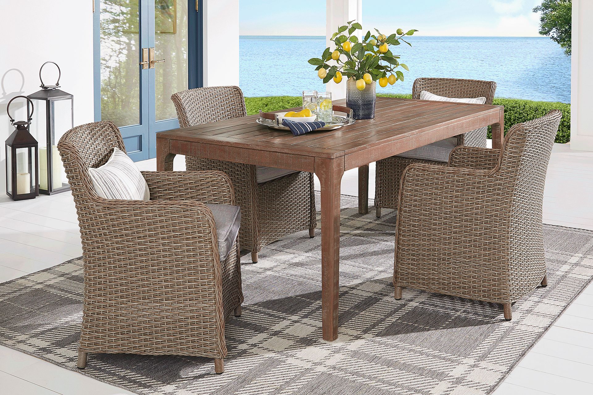Ridgecrest Natural 5 Pc Rectangle Outdoor Dining Set With Slate Cushions - Image 1