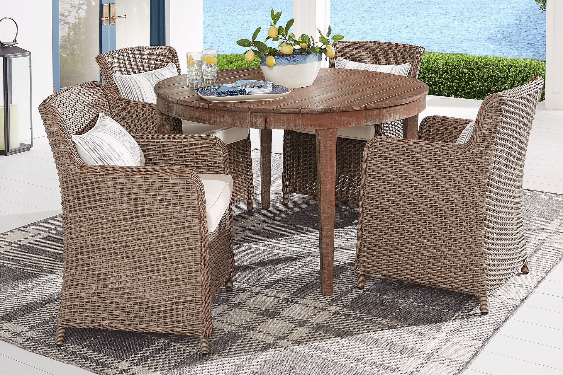 Ridgecrest Natural 5 Pc Round Outdoor Dining Set With Parchment Cushions - Image 1