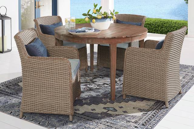 Ridgecrest Natural 5 Pc Round Outdoor Dining Set With Seafoam Cushions - Thumbnail - Image 1