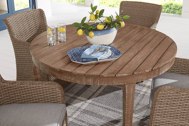 Ridgecrest Natural 5 Pc Round Outdoor Dining Set With Seafoam Cushions - Thumbnail - Image 3