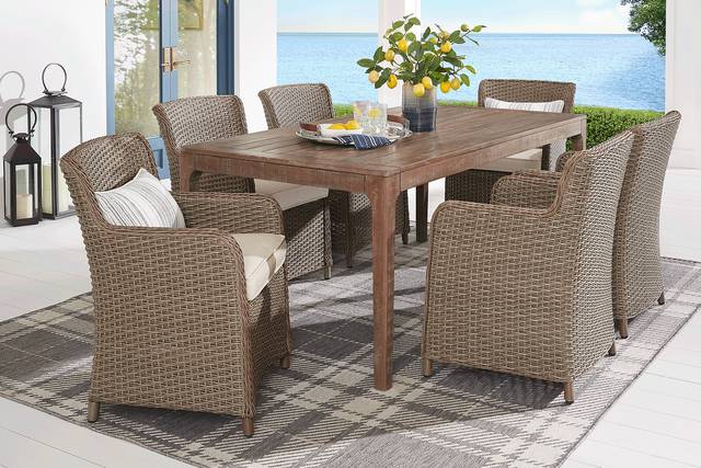Ridgecrest Natural 7 Pc Rectangle Outdoor Dining Set With Parchment Cushions - Thumbnail - Image 1