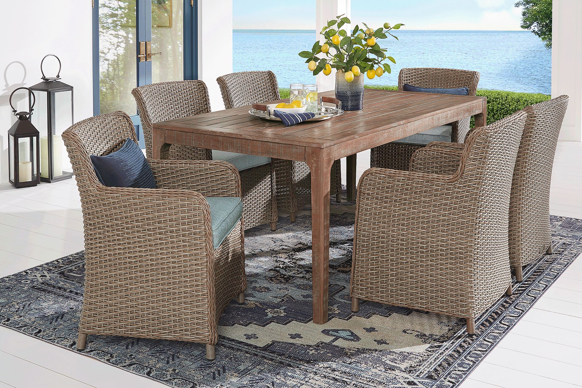 Ridgecrest Natural 7 Pc Rectangle Outdoor Dining Set With Seafoam Cushions - Image 1