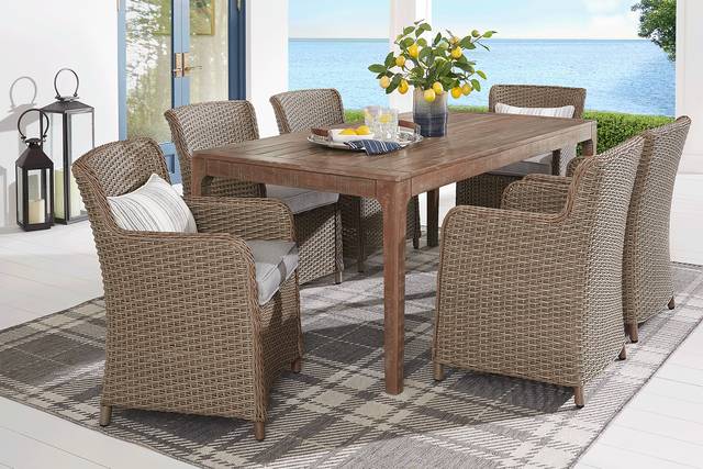 Ridgecrest Natural 7 Pc Rectangle Outdoor Dining Set With Slate Cushions - Thumbnail - Image 1