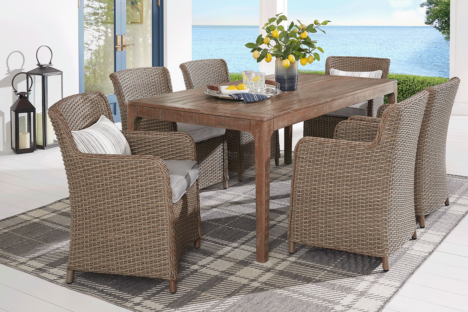 Ridgecrest Natural 7 Pc Rectangle Outdoor Dining Set With Slate Cushions - Image 1