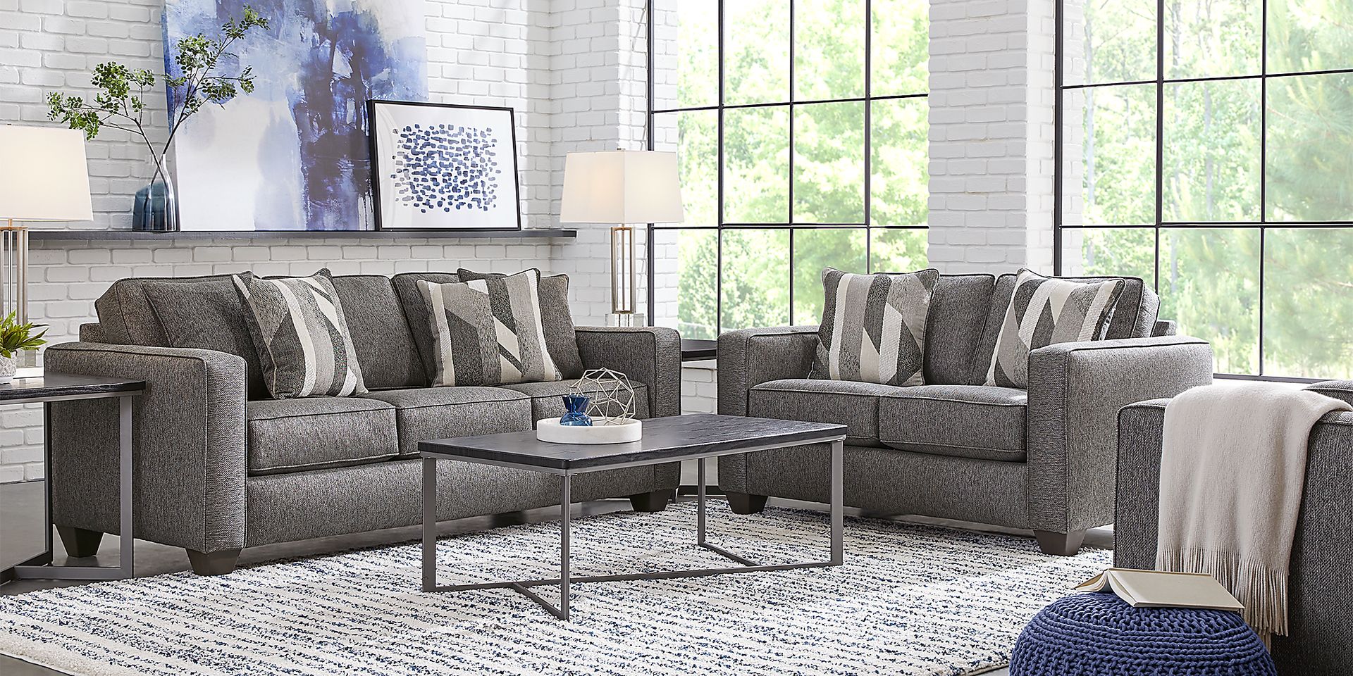 Ridgewater 7 Pc Graphite Gray Textured Living Room Set With Sofa ...