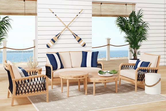 Riva Blonde 5 Pc Outdoor Loveseat Seating Set with Flax Cushions