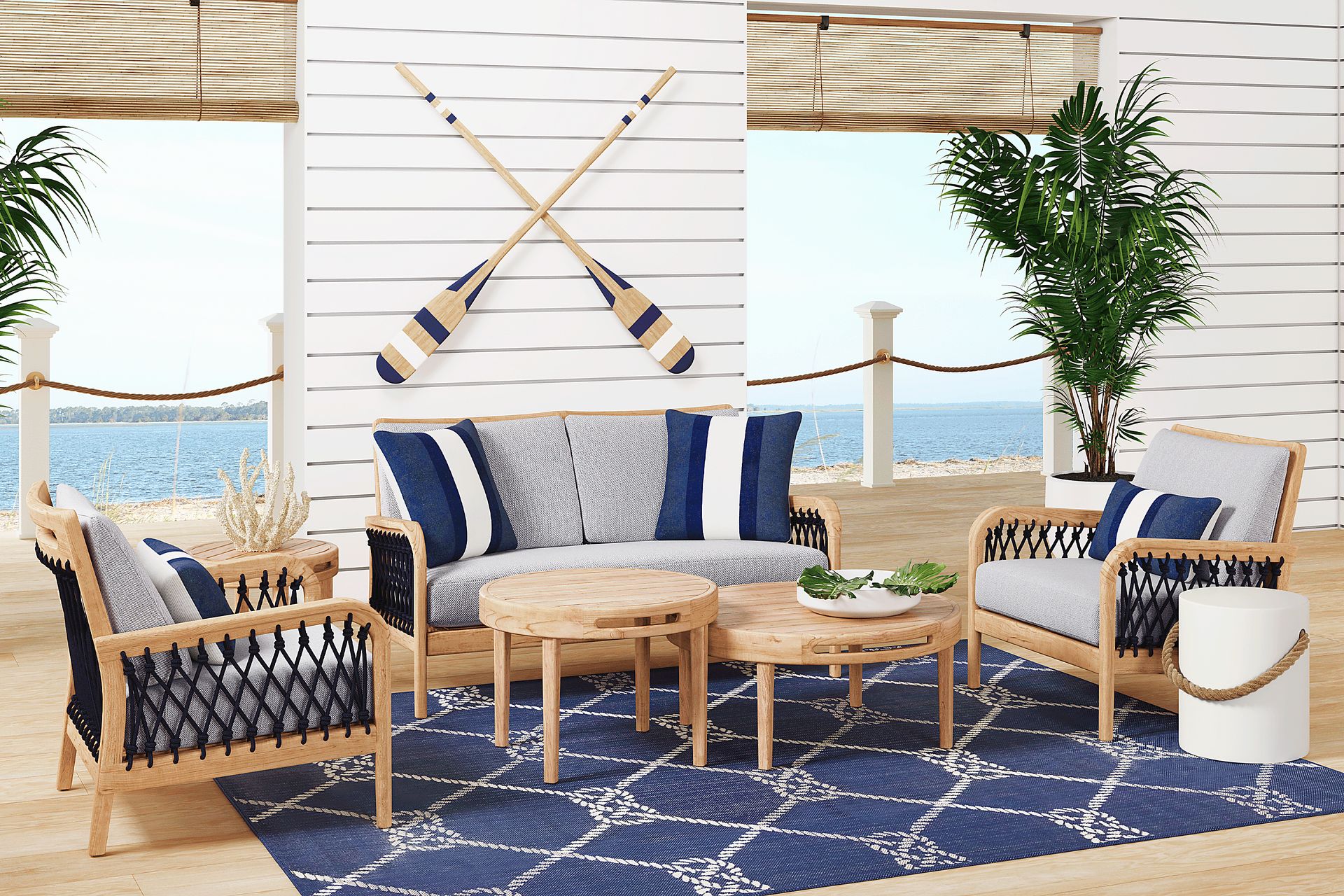 Riva Blonde 5 Pc Outdoor Loveseat Seating Set with Slate Cushions - Image 1