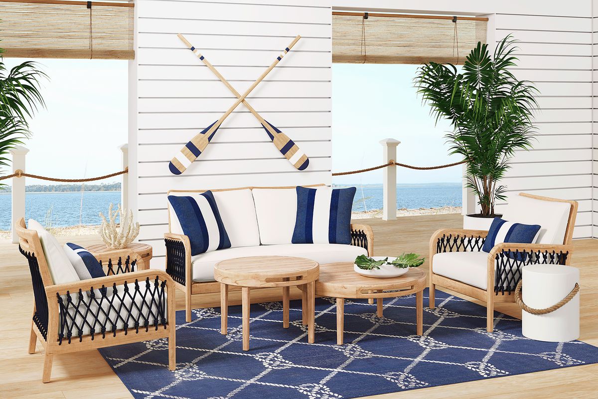 Riva 4 Pc Blonde Light Wood White Teak Outdoor Seating Set With