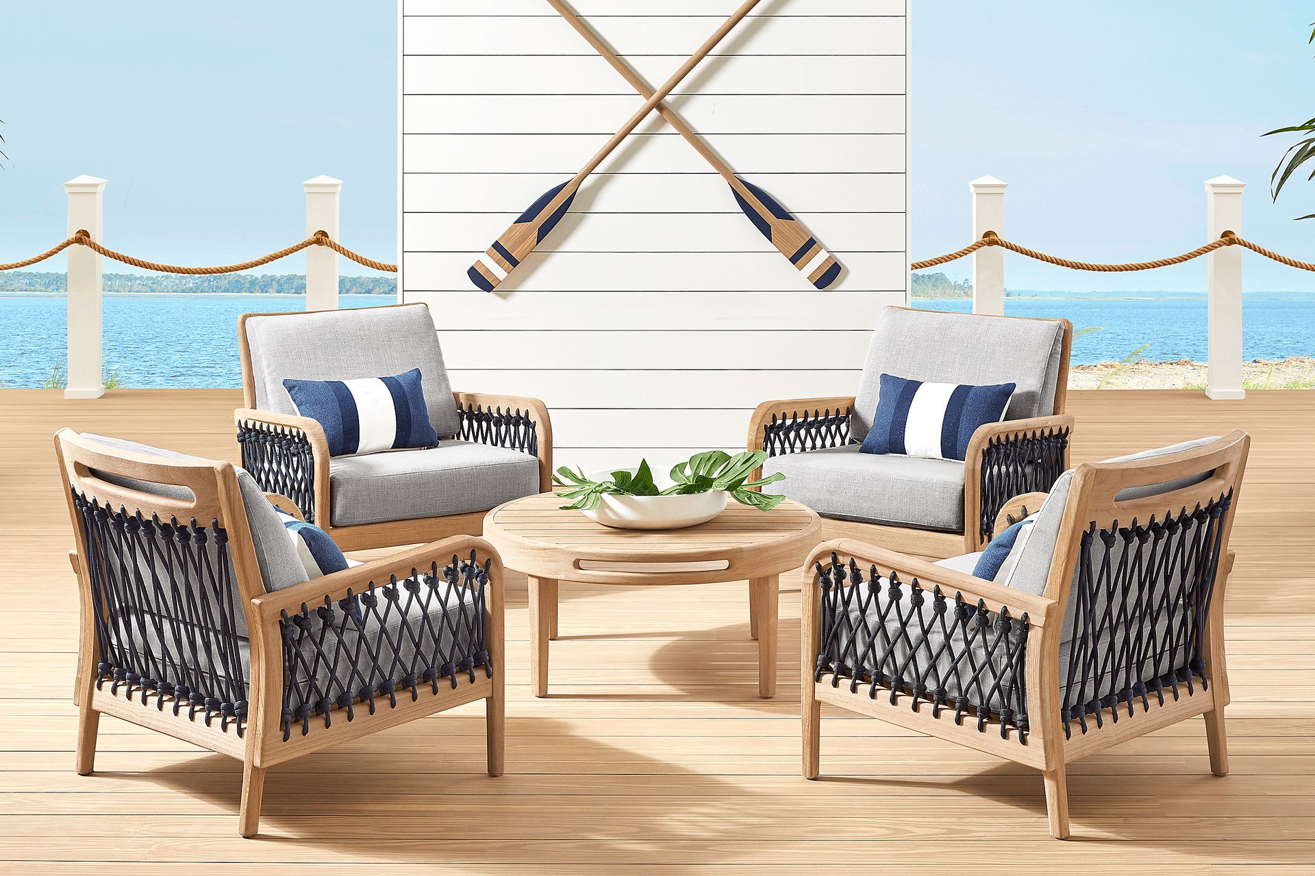 Riva Blonde 5 Pc Outdoor Chat Set with Dove Cushions - Image 1