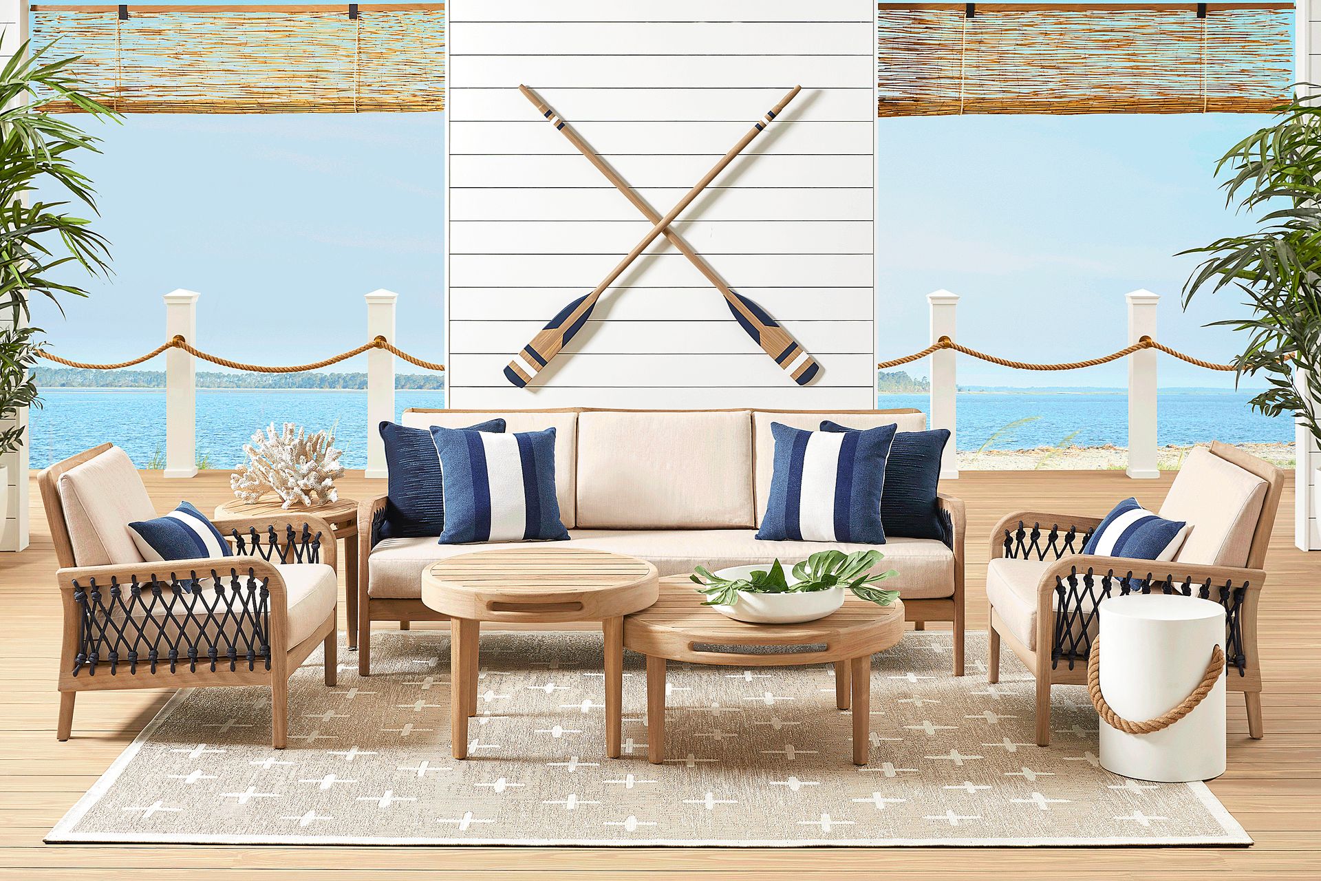 Riva Blonde 5 Pc Outdoor Seating Set with Flax Cushions - Image 1