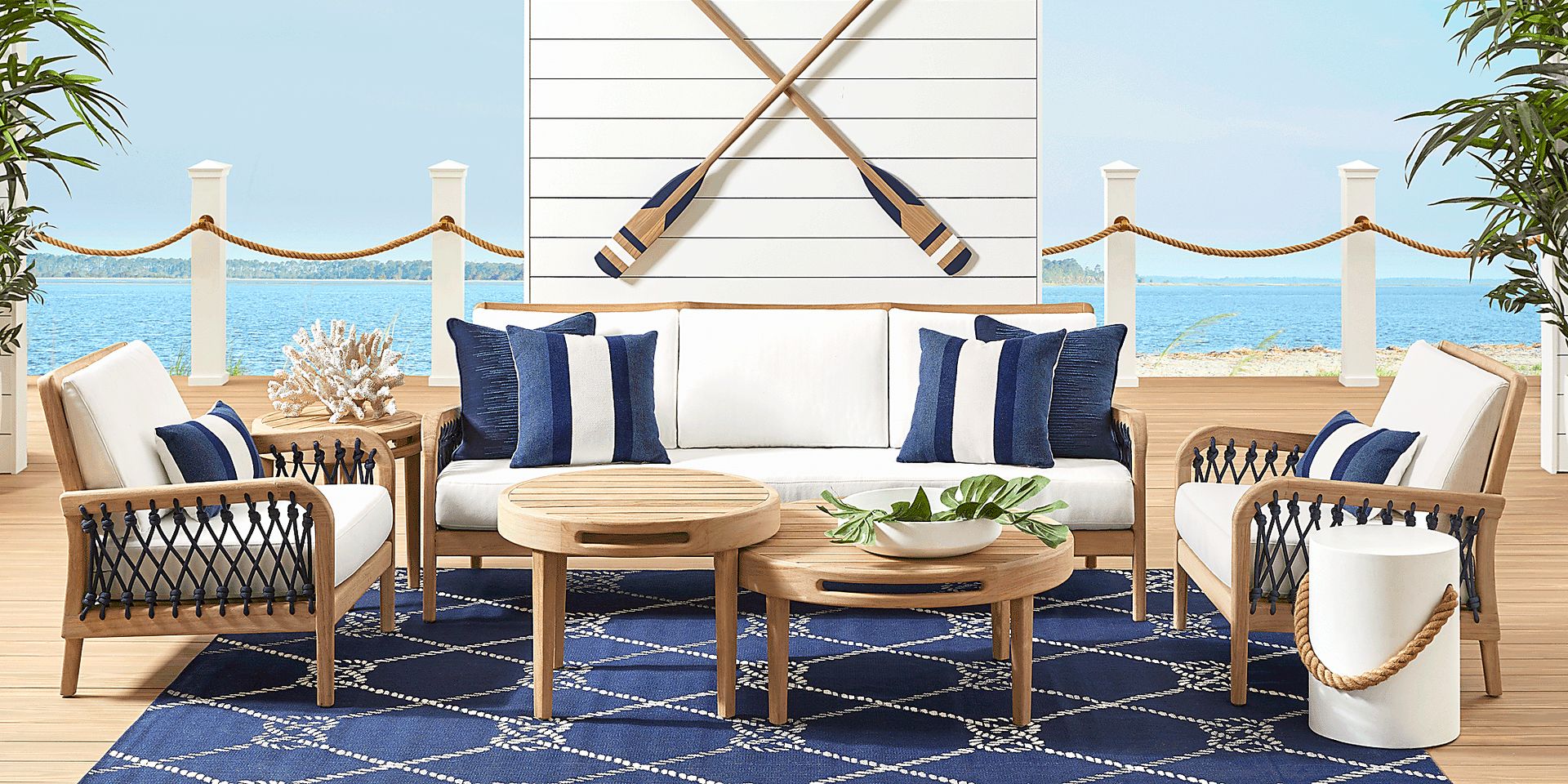 Riva Blonde 5 Pc Outdoor Seating Set with White Cushions - Image 1