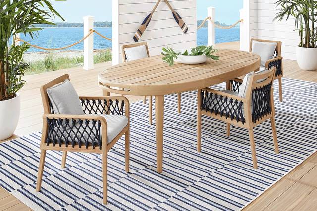 Riva Blonde 5 Pc Oval Outdoor Dining Set with Dove Cushions - Thumbnail - Image 1