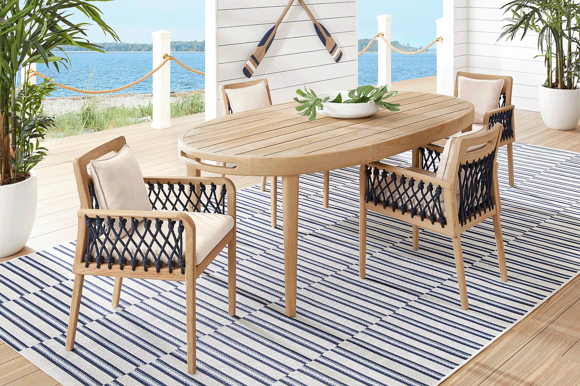 Riva Blonde 5 Pc Oval Outdoor Dining Set with Flax Cushions - Image 1