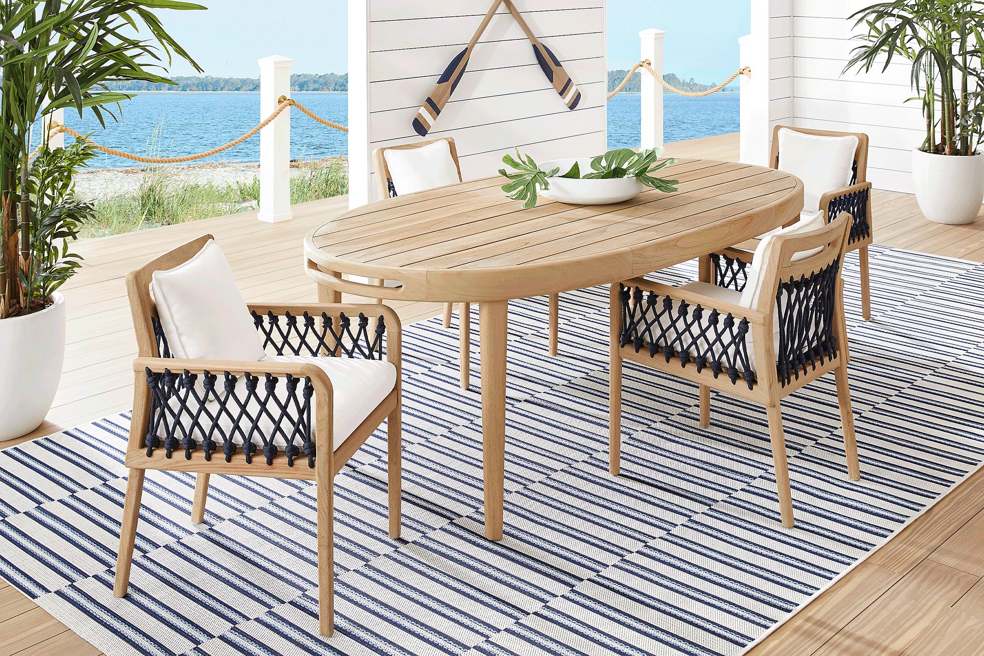 Riva Blonde 5 Pc Oval Outdoor Dining Set with White Cushions - Image 1