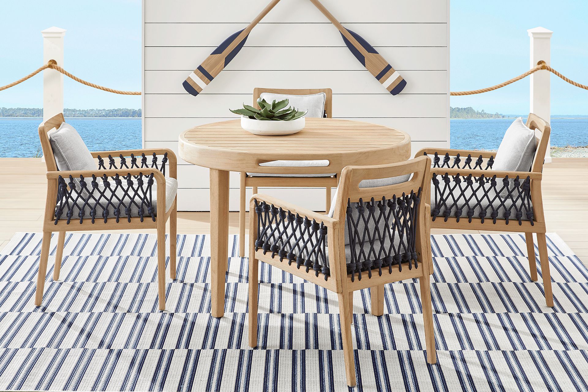Riva Blonde 5 Pc Round Outdoor Dining Set with Dove Cushions - Image 1