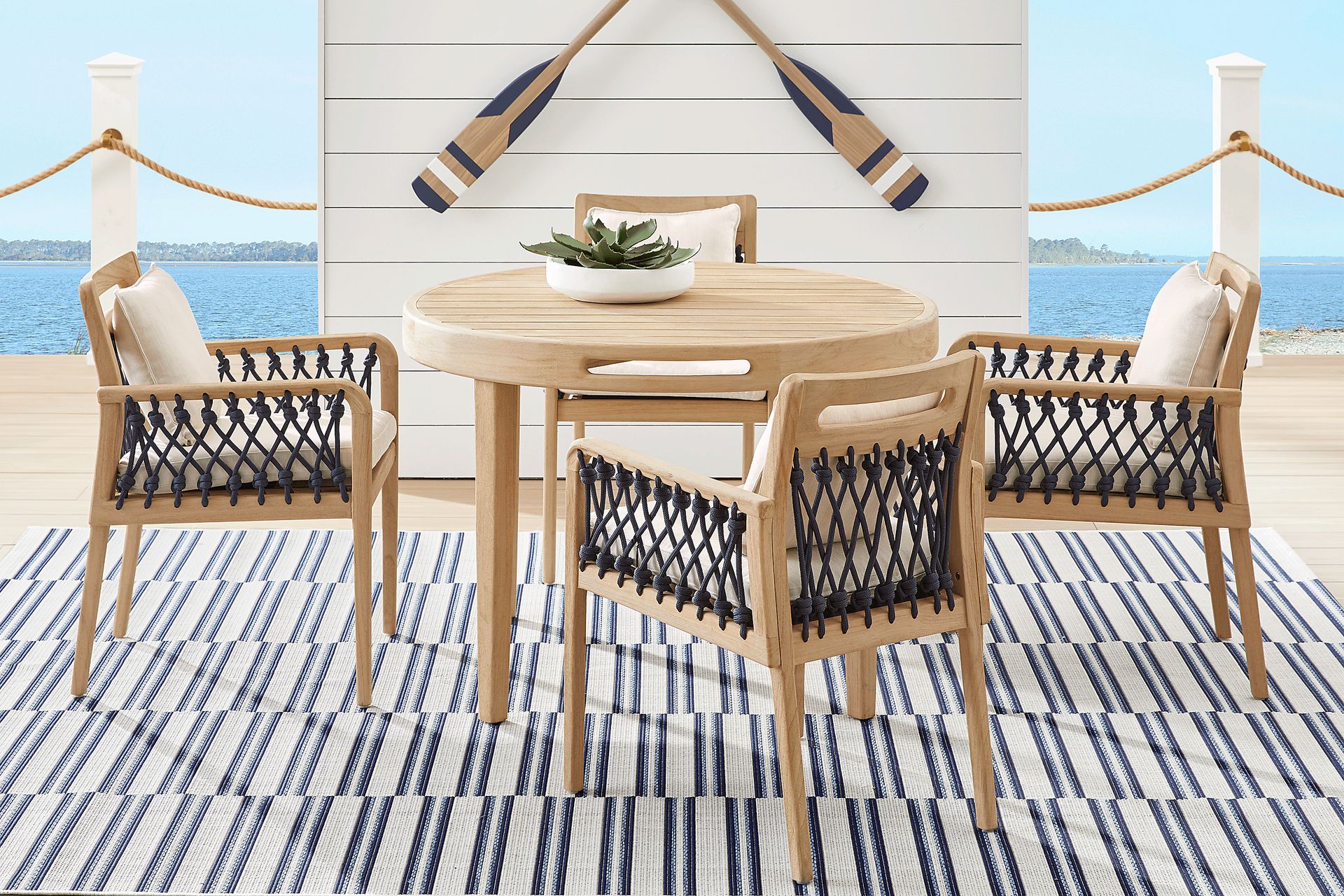 Riva Blonde 5 Pc Round Outdoor Dining Set with Flax Cushions - Image 1