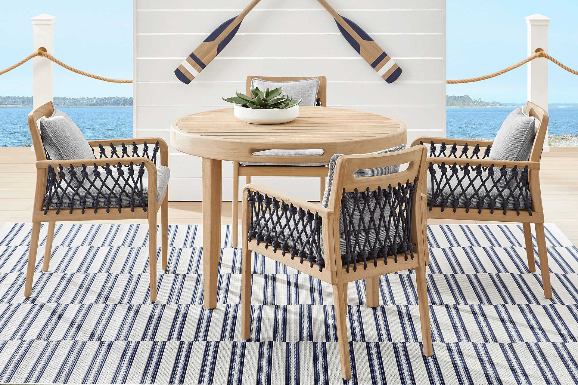 Riva Blonde 5 Pc Round Outdoor Dining Set with Slate Cushions - Image 1