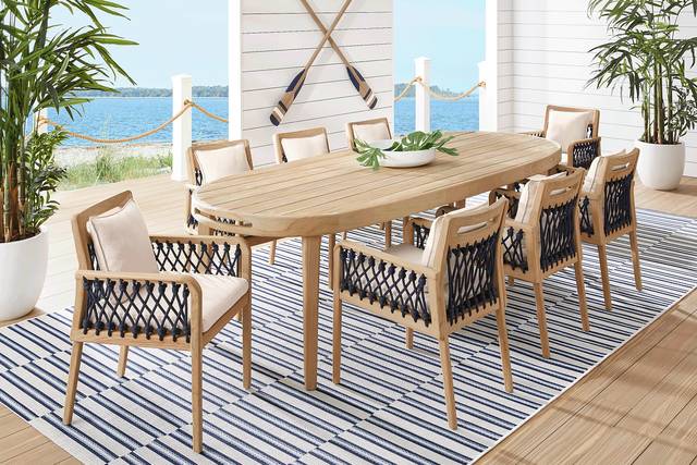 Riva Blonde 7 Pc Large Oval Outdoor Dining Set with Flax Cushions - Thumbnail - Image 1