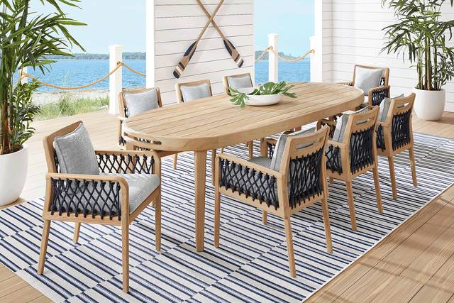 Riva Blonde 7 Pc Large Oval Outdoor Dining Set with Slate Cushions - Thumbnail - Image 1