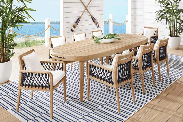 Riva Blonde 7 Pc Large Oval Outdoor Dining Set with White Cushions - Thumbnail - Image 1