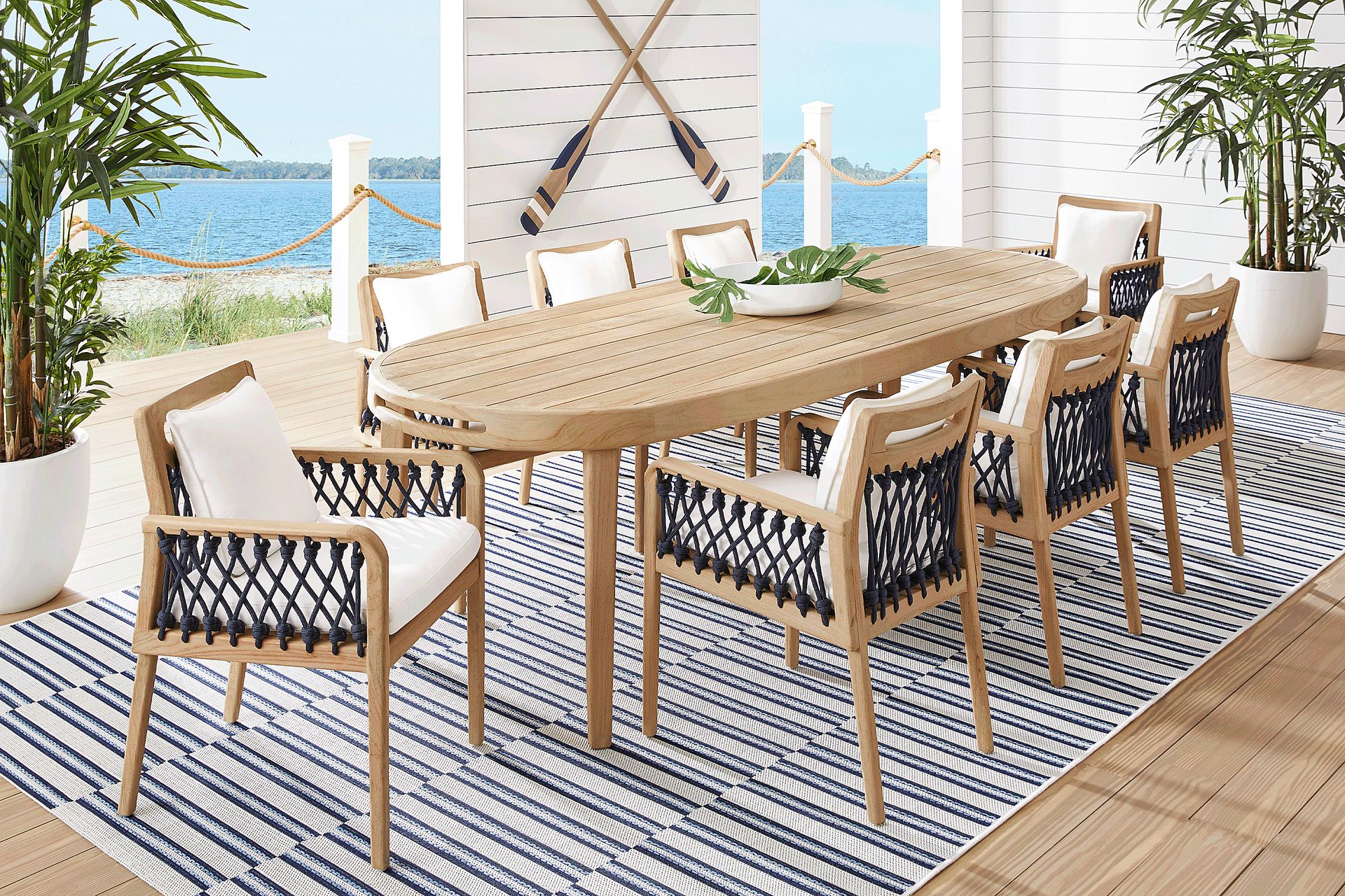 Riva Blonde 7 Pc Large Oval Outdoor Dining Set with White Cushions - Image 1