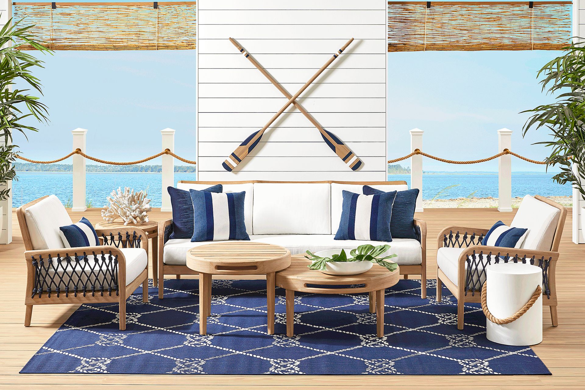 Riva Blonde 7 Pc Outdoor Seating Set with White Cushions - Image 1