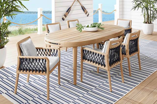Riva Blonde 7 Pc Oval Outdoor Dining Set with Dove Cushions - Thumbnail - Image 1