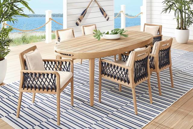 Riva Blonde 7 Pc Oval Outdoor Dining Set with Flax Cushions - Thumbnail - Image 1