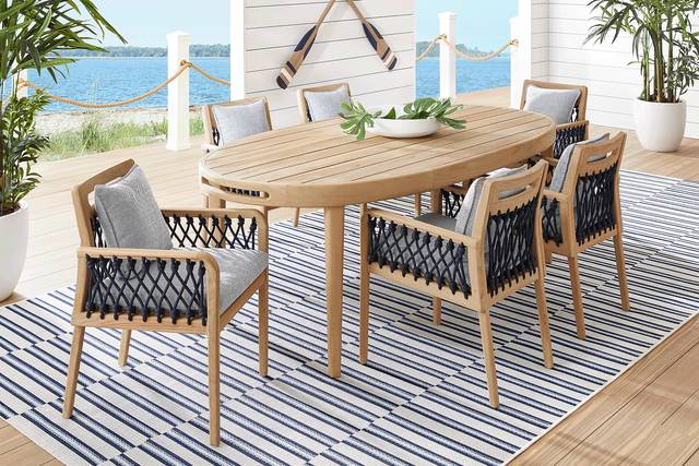 Riva Blonde 7 Pc Oval Outdoor Dining Set with Slate Cushions - Thumbnail - Image 1