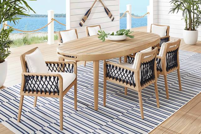 Riva Blonde 7 Pc Oval Outdoor Dining Set with White Cushions - Thumbnail - Image 1