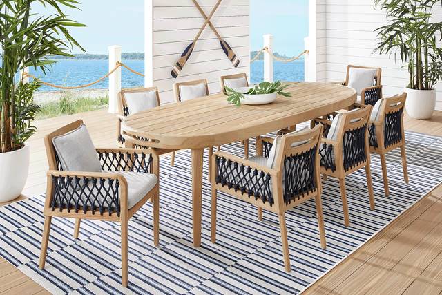 Riva Blonde 9 Pc Large Oval Outdoor Dining Set with Dove Cushions - Thumbnail - Image 1