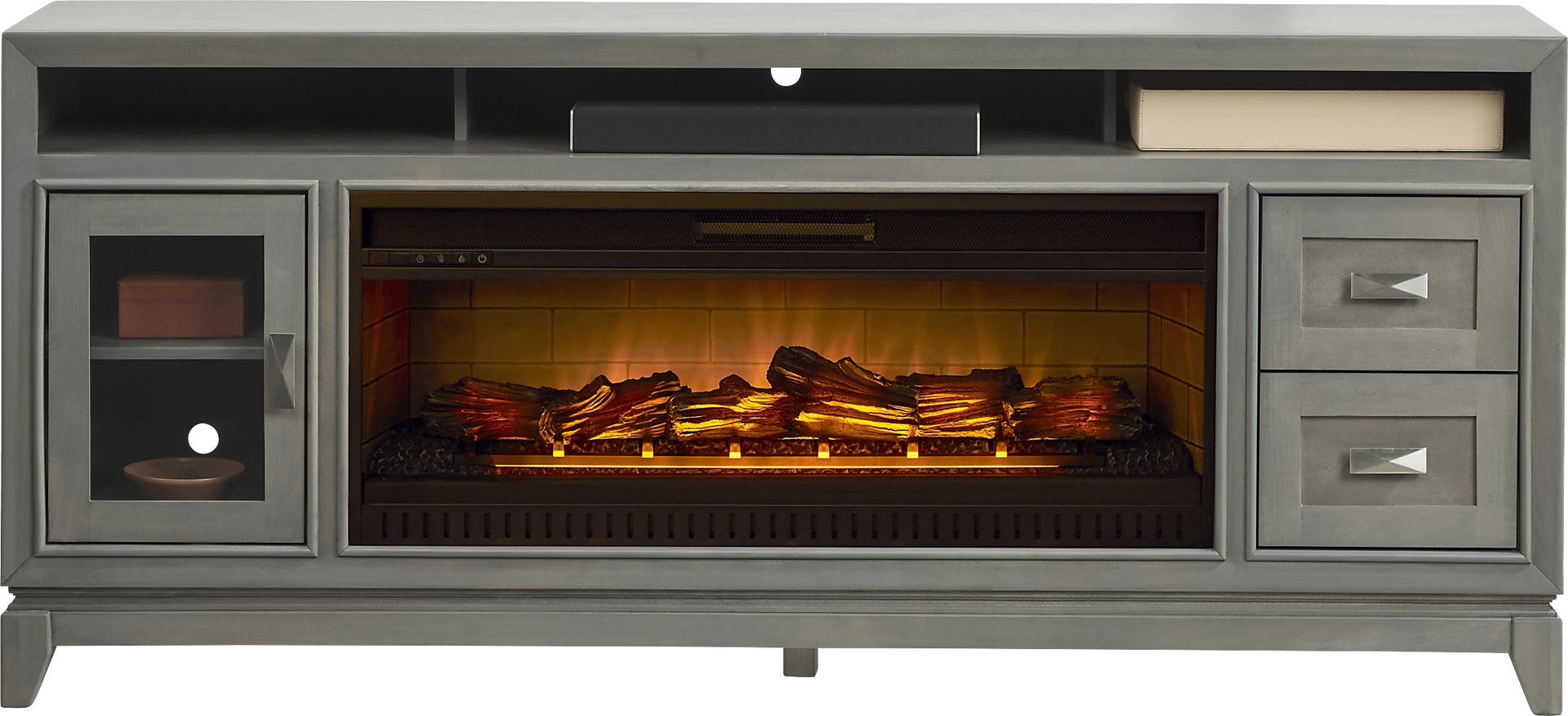 River Terrace Gray 76 in. Console with Electric Log Fireplace - Image 1