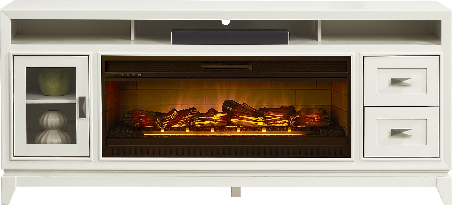 River Terrace Off-White 76 in. Console with Electric Log Fireplace - Image 1