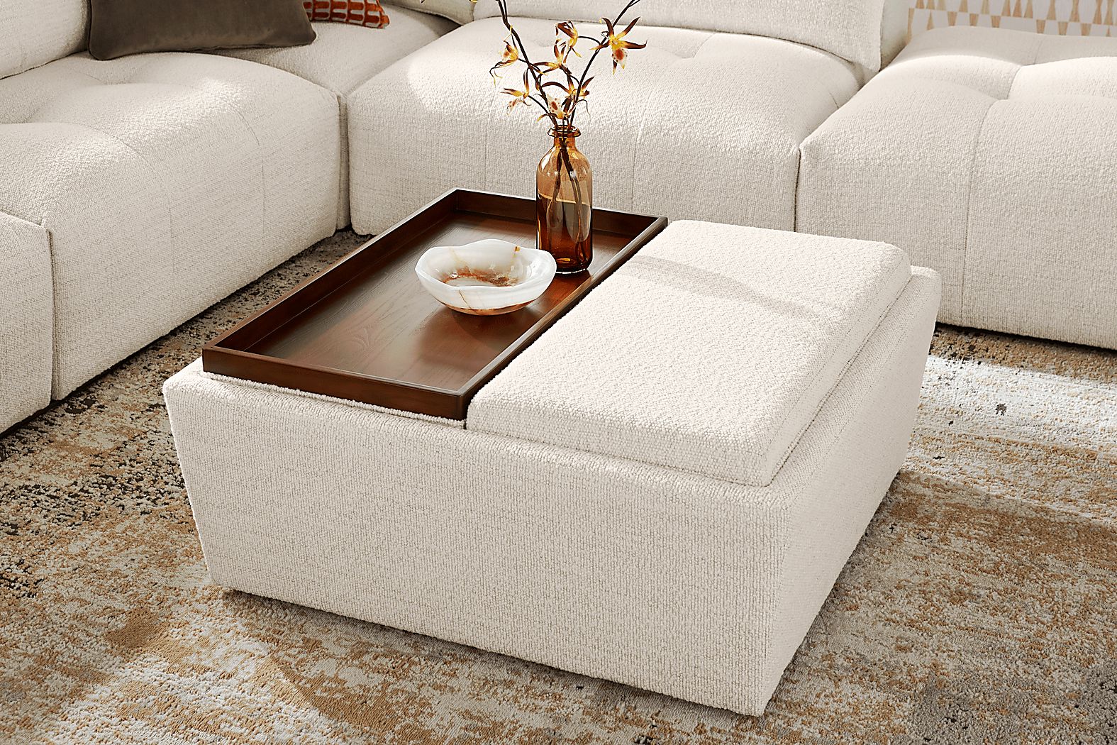 Rogan Place Off-White Beige,White Chenille Fabric Storage Ottoman