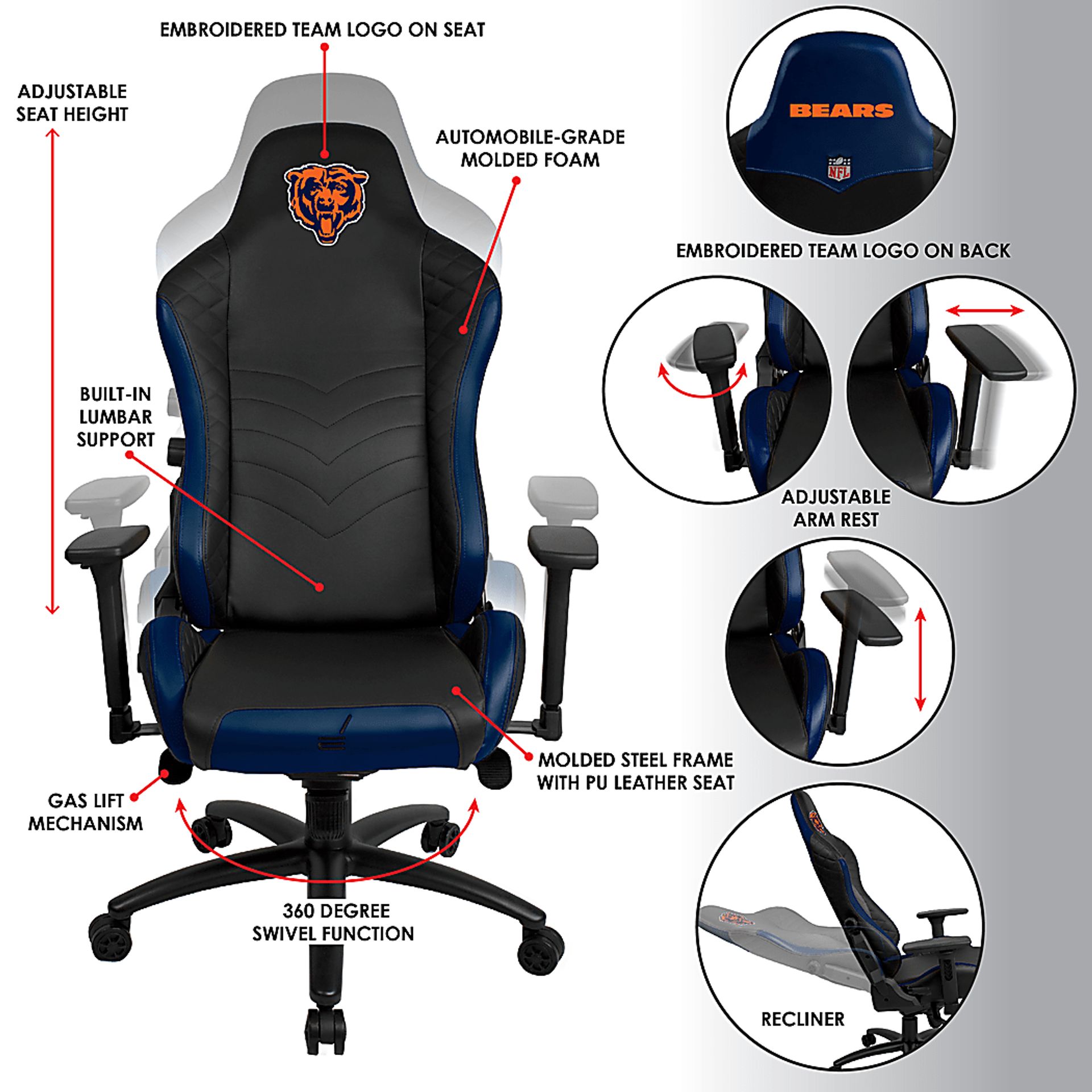 Roguelike NFL Chicago Bears Blue Gaming Chair - Image 5