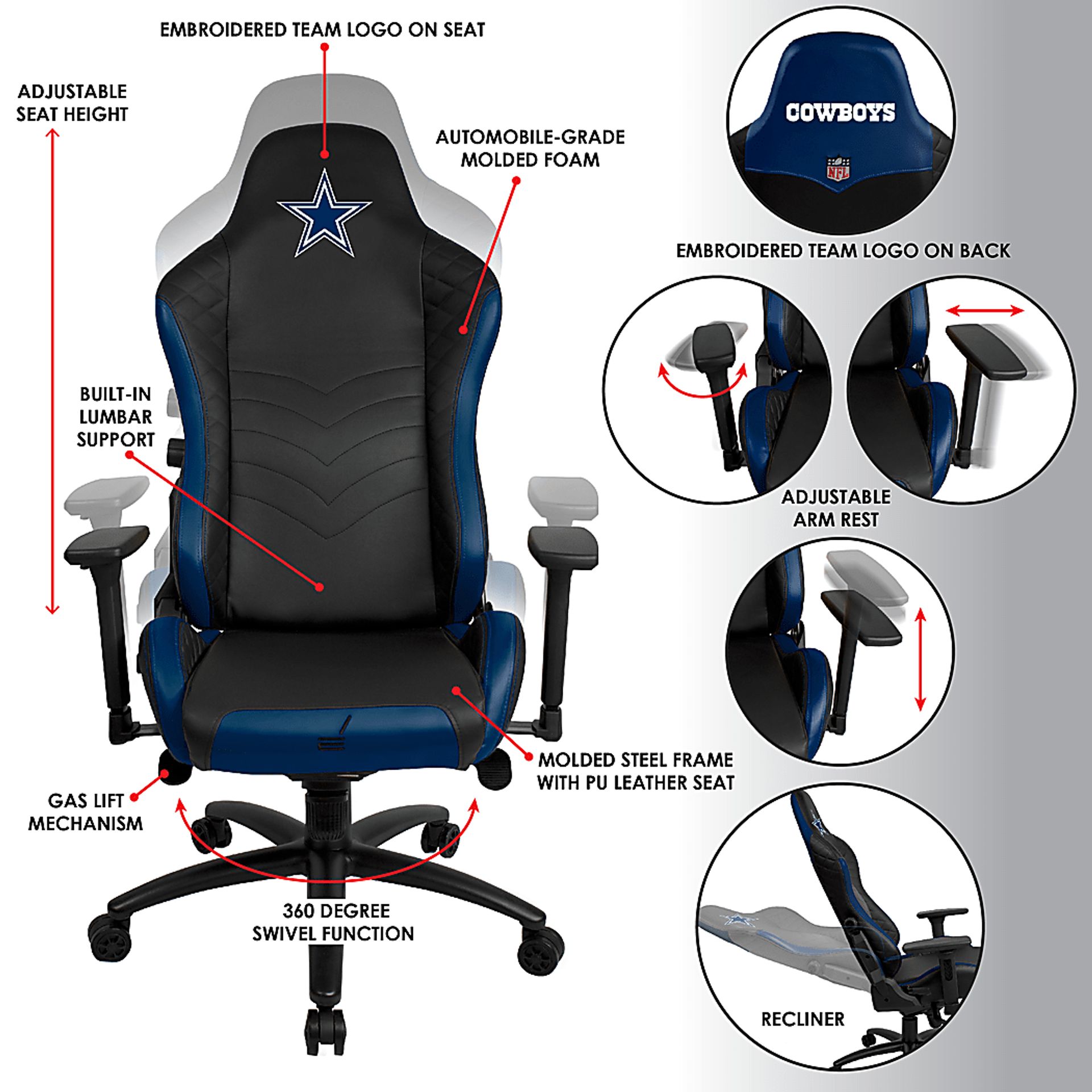 Roguelike NFL Dallas Cowboys Navy Gaming Chair - Image 5