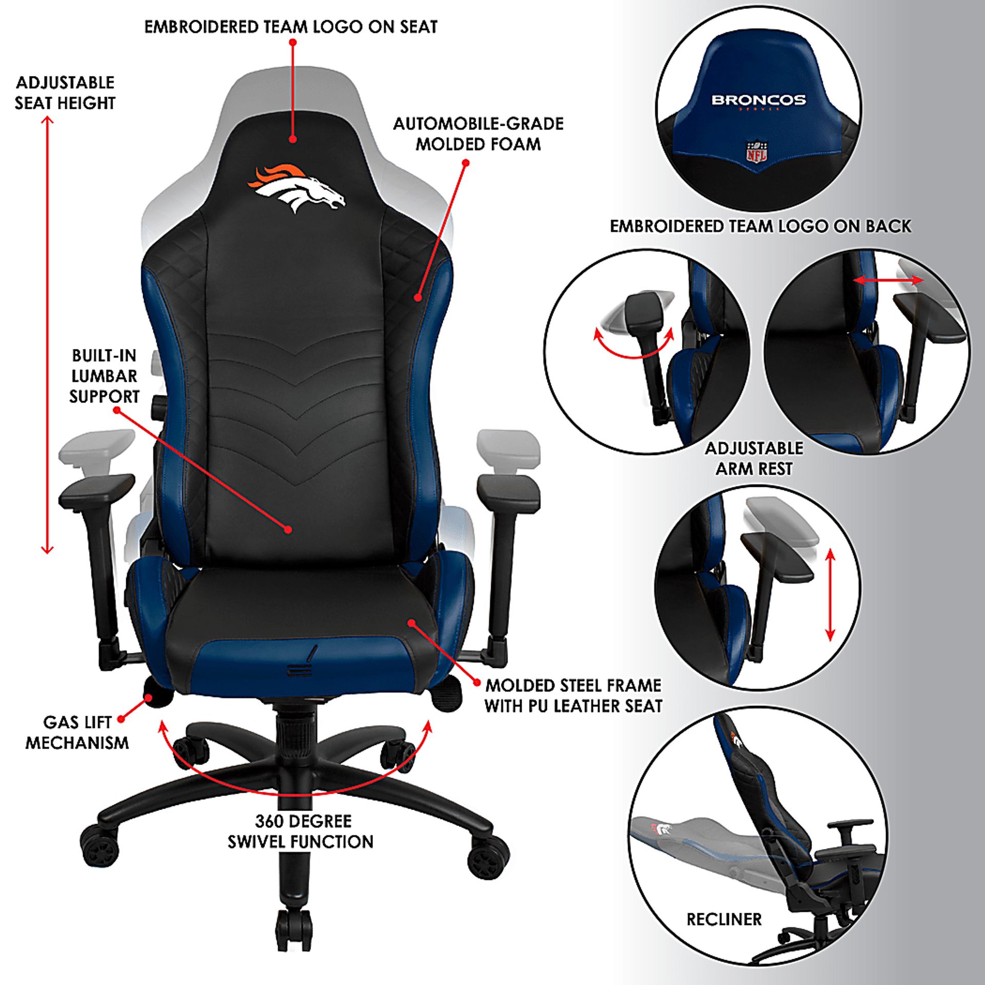 Roguelike NFL Denver Broncos Blue Gaming Chair - Image 5