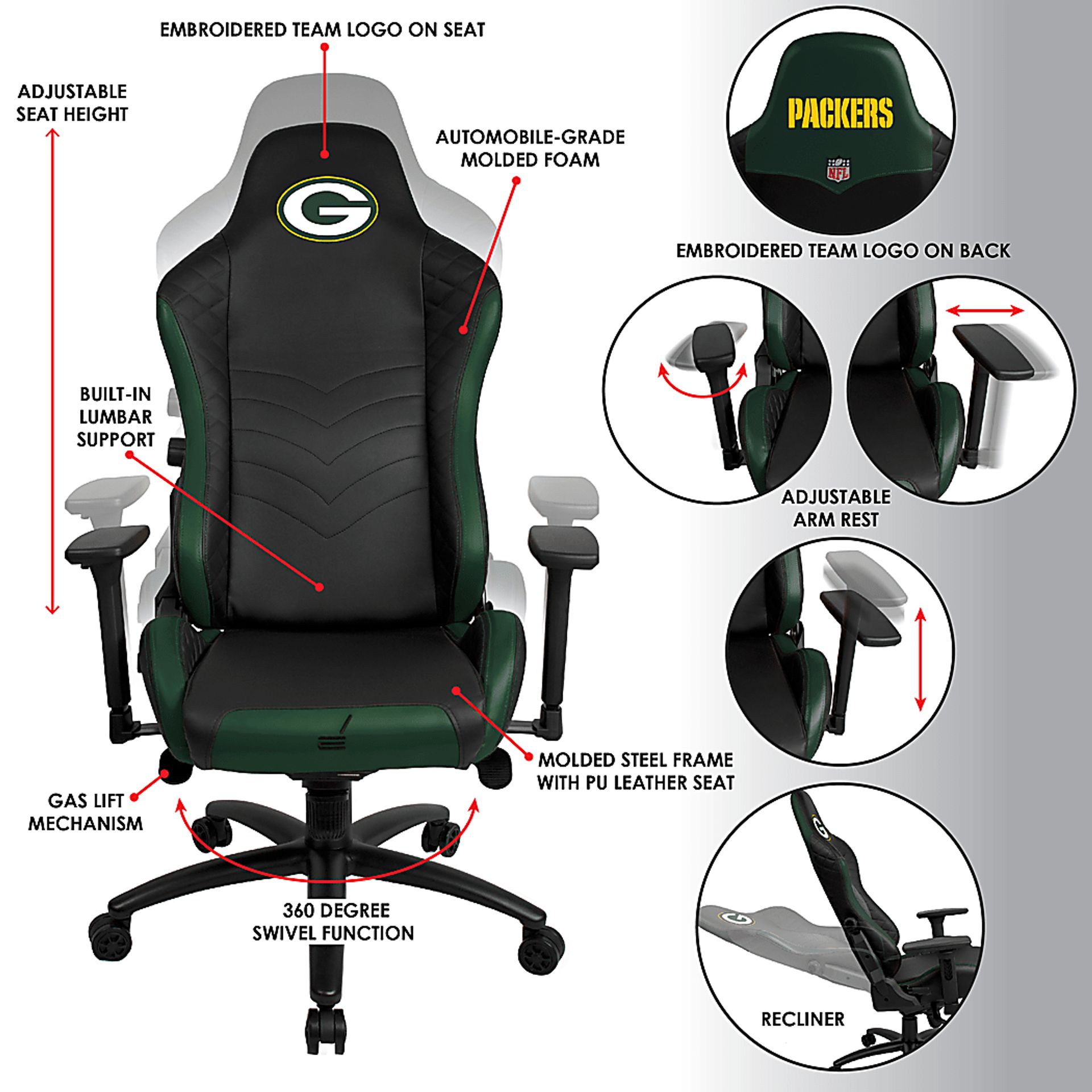 Roguelike NFL Green Bay Packers Green Gaming Chair - Image 5