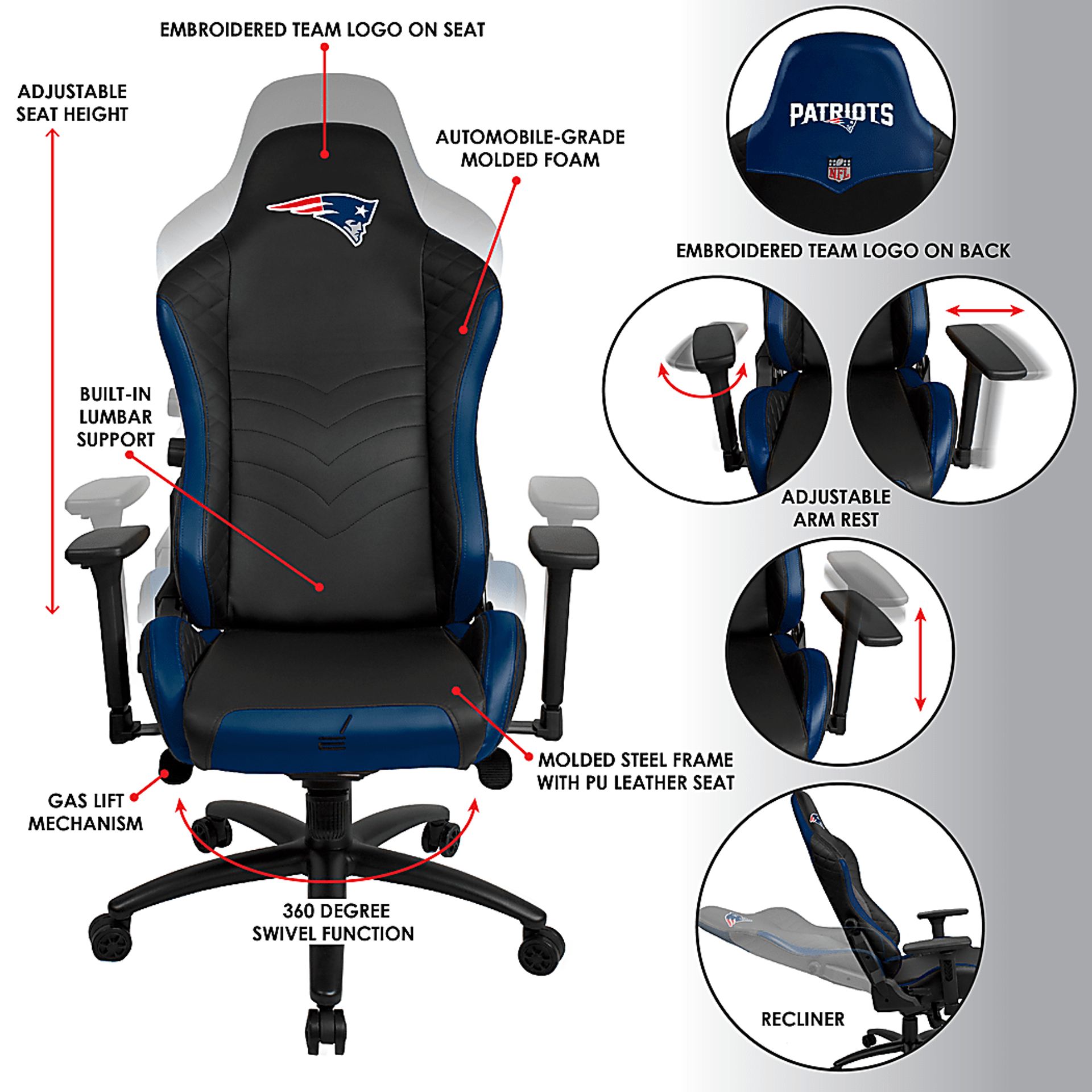 Roguelike NFL New England Patriots Blue Gaming Chair - Image 5