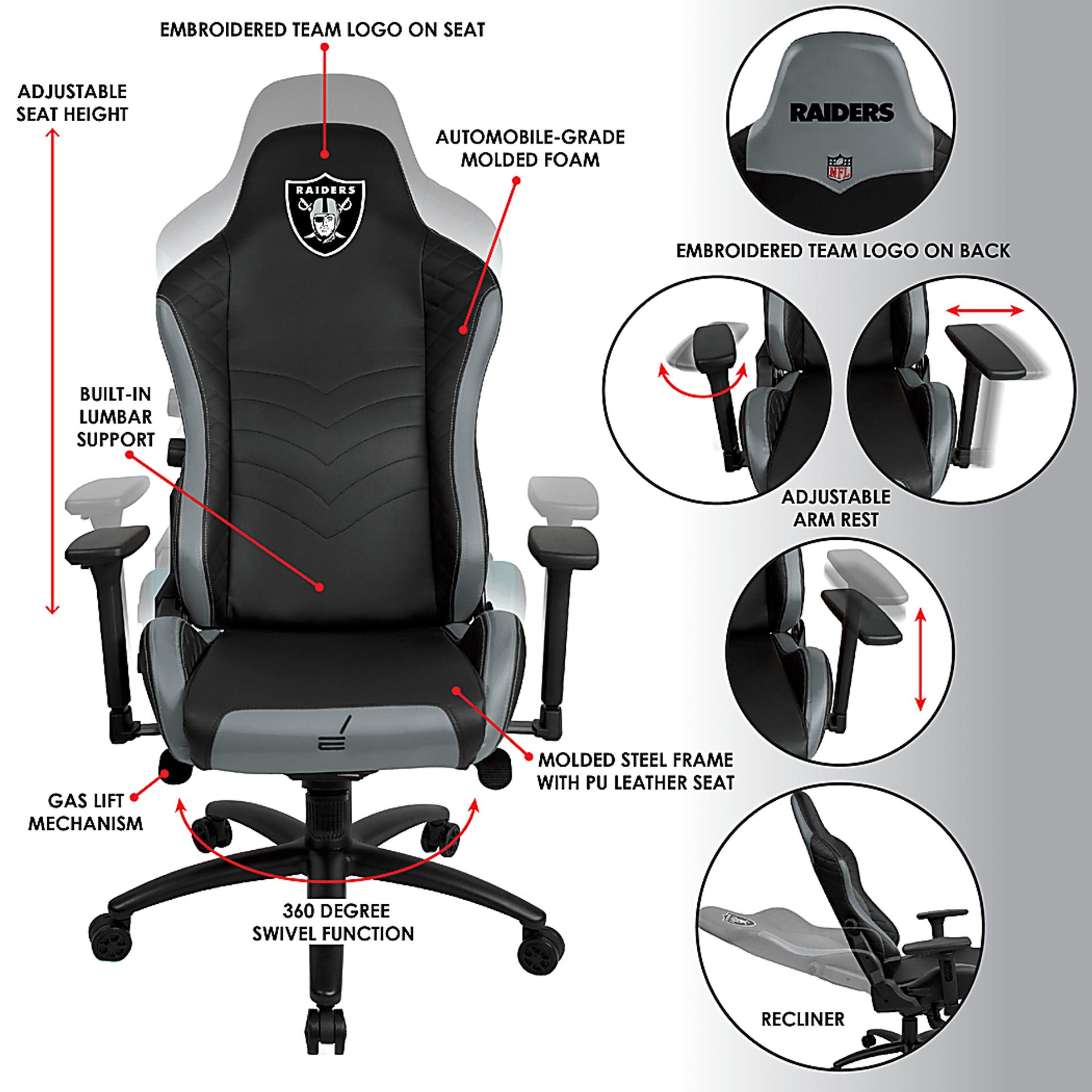 Roguelike NFL Oakland Raiders Gray Gaming Chair - Image 5