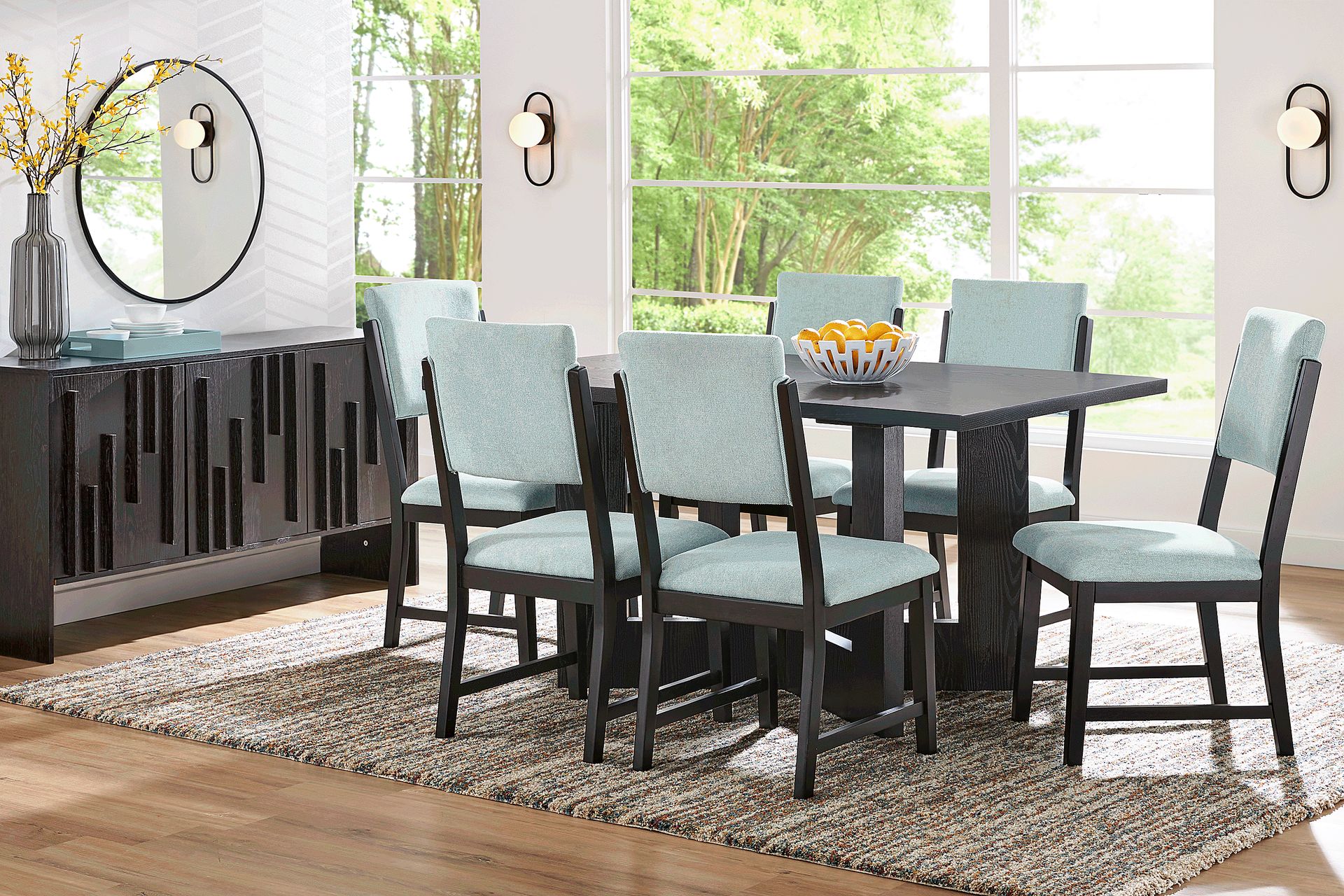 Rosolli Black 5 Pc Rectangular Dining Room with Blue Upholstered Chairs - Image 1